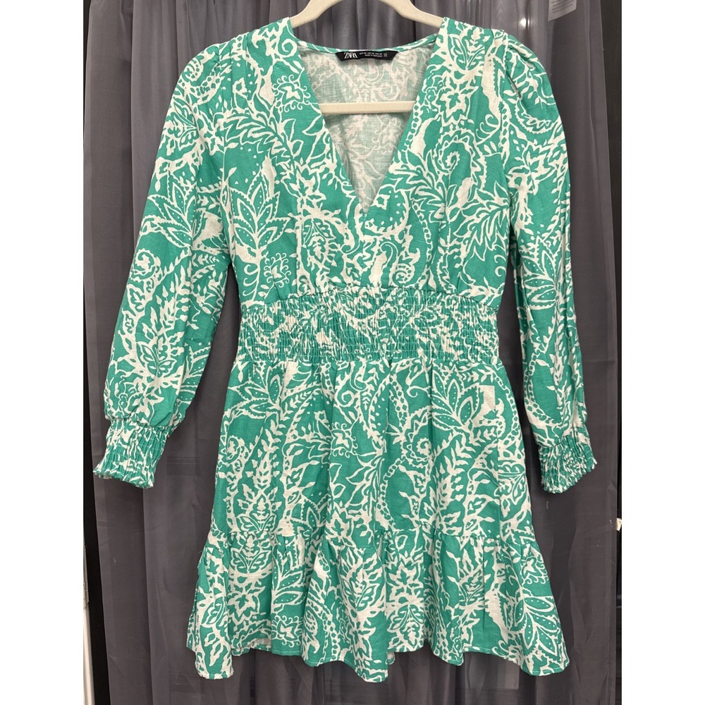 Zara Green White Paisley Print Smocked V Neck Mini Dress Womens Size XS